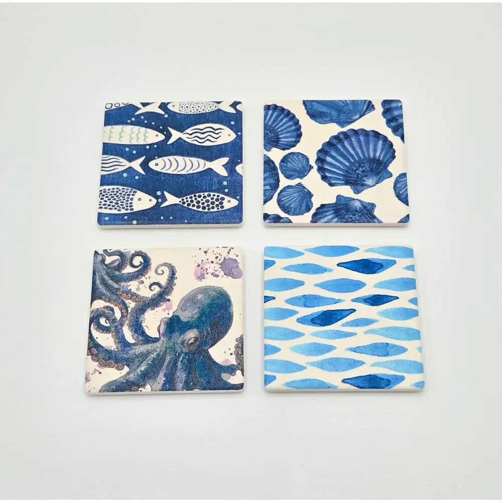 Blue Coastal Watercolor Ceramic Coaster Set – Ocean Art Tiles (Set of 4)